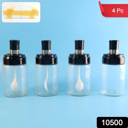 Transparent Spice Jar Set with Spoon & Airtight Lid – 4 Pc Kitchen Storage Containers