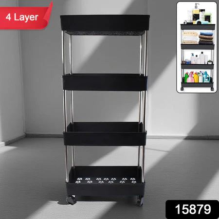 4-Layer Movable Storage Rack Trolley with Wheels – Heavy Duty Plastic Organizer for Kitchen & Bathroom