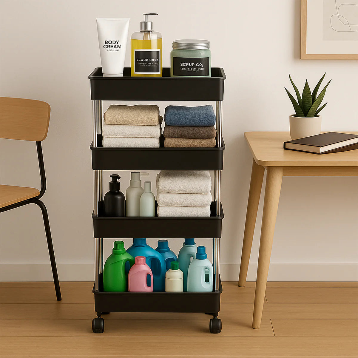 4-Layer Movable Storage Rack Trolley with Wheels – Heavy Duty Plastic Organizer for Kitchen & Bathroom