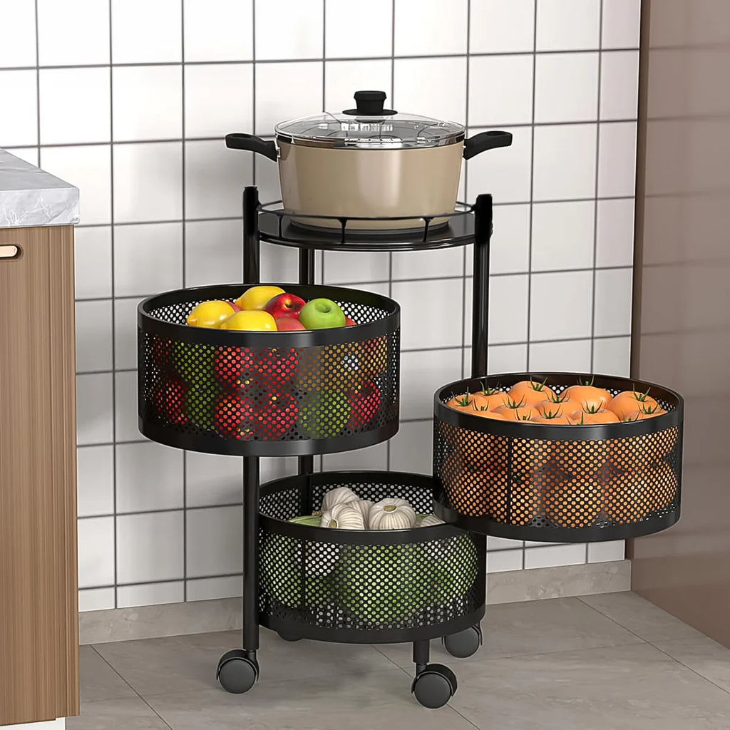 Metal Round Kitchen Trolley with Wheels – 4-Layer Rotating Fruit & Vegetable Storage Rack (1 Pc)