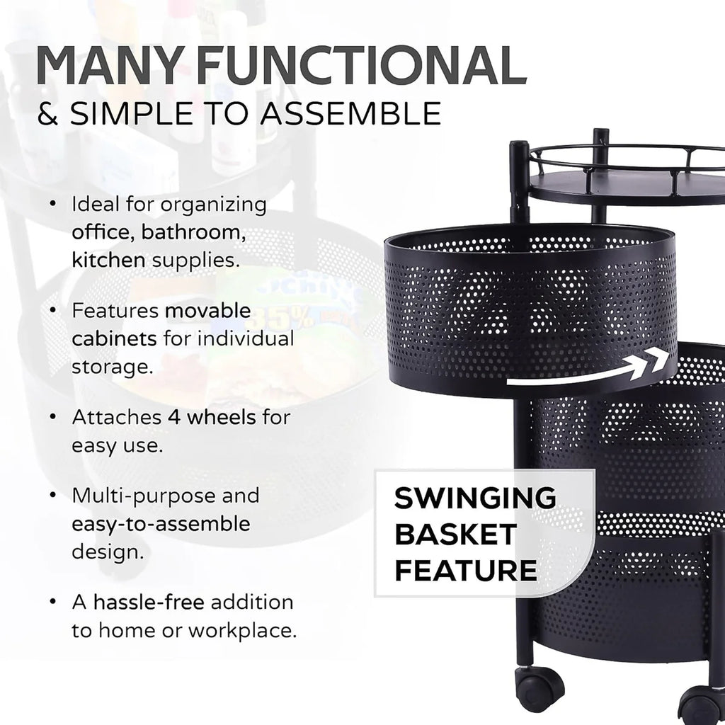 Metal Round Kitchen Trolley with Wheels – 4-Layer Rotating Fruit & Vegetable Storage Rack (1 Pc)
