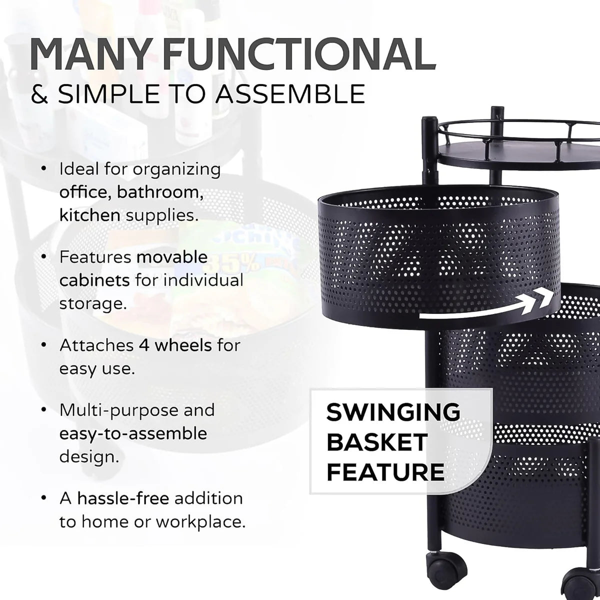 Metal Round Kitchen Trolley with Wheels – 4-Layer Rotating Fruit & Vegetable Storage Rack (1 Pc)