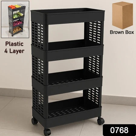 4-Layer Plastic Storage Rack with Wheels – Multi-Purpose Movable Utility Organizer Trolley