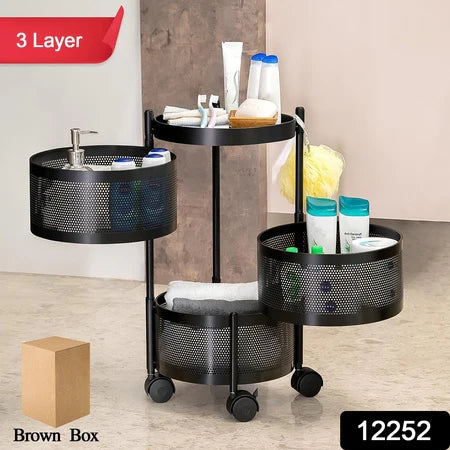 Metal Round Kitchen Trolley with Wheels – 4-Layer Rotating Fruit & Vegetable Storage Rack (1 Pc)