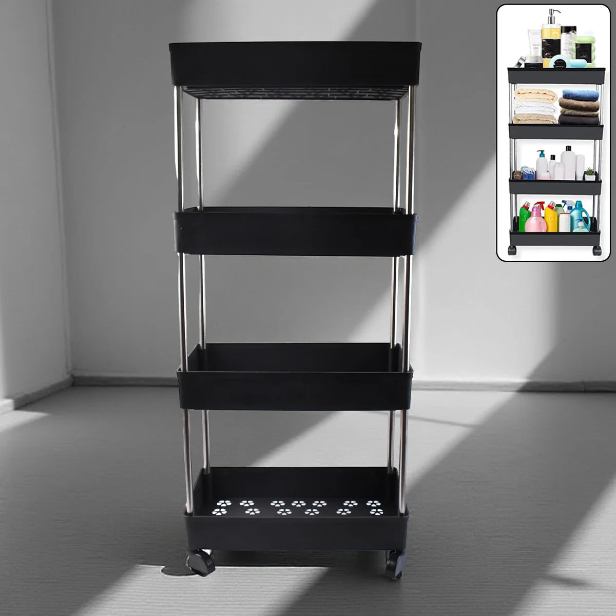 4-Layer Movable Storage Rack Trolley with Wheels – Heavy Duty Plastic Organizer for Kitchen & Bathroom