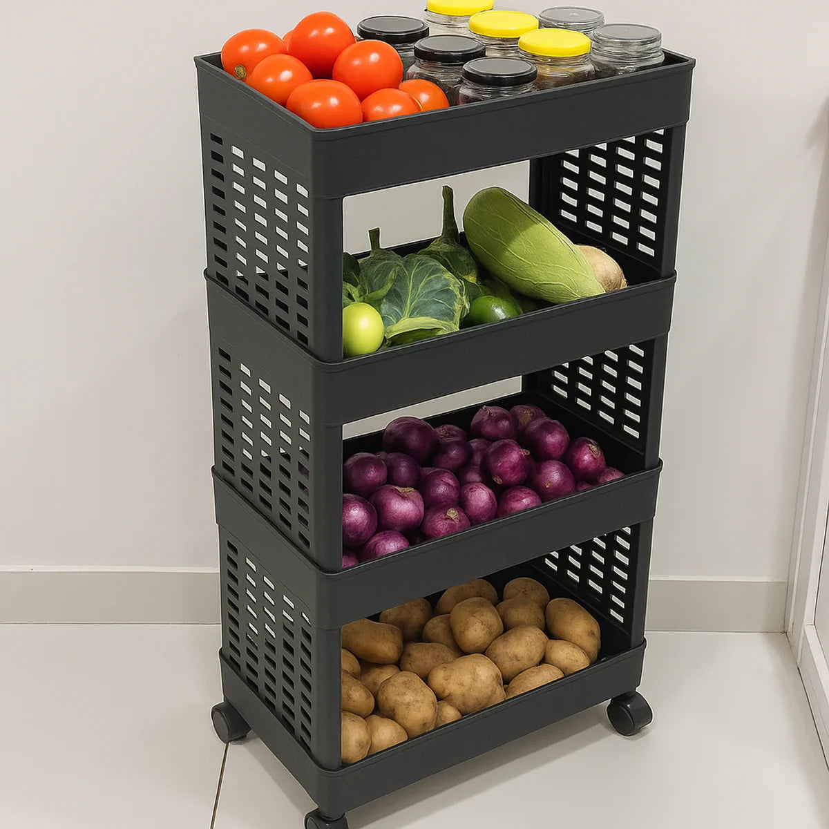 4-Layer Plastic Storage Rack with Wheels – Multi-Purpose Movable Utility Organizer Trolley