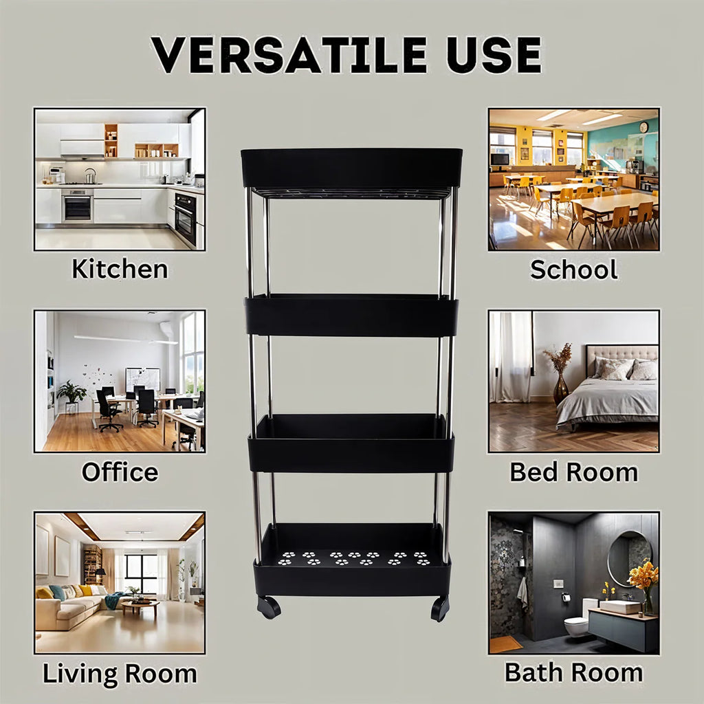 4-Layer Movable Storage Rack Trolley with Wheels – Heavy Duty Plastic Organizer for Kitchen & Bathroom
