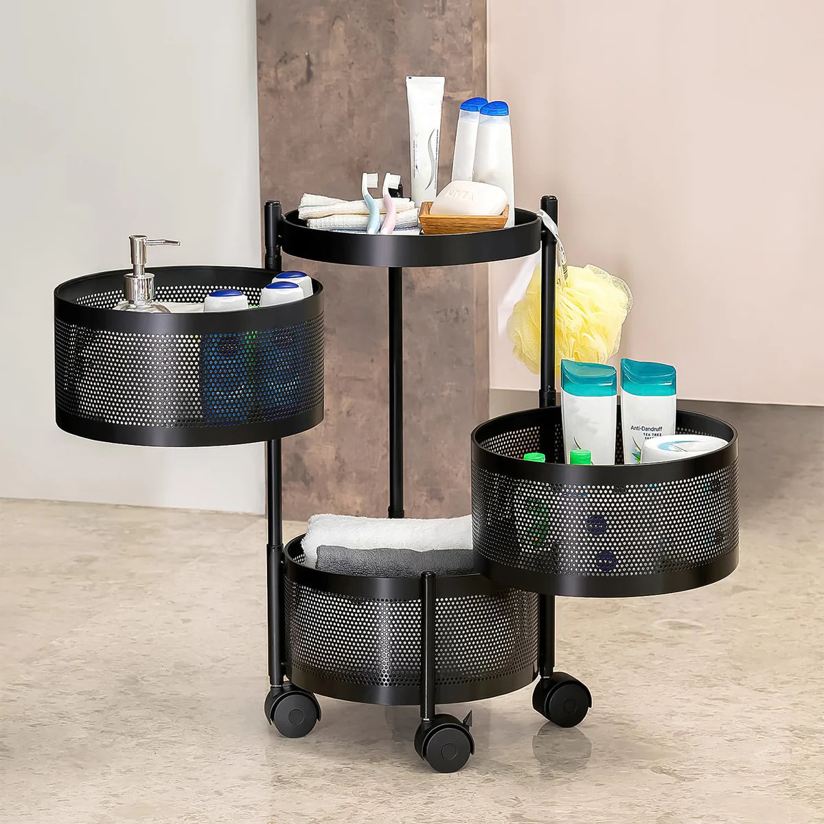 Metal Round Kitchen Trolley with Wheels – 4-Layer Rotating Fruit & Vegetable Storage Rack (1 Pc)