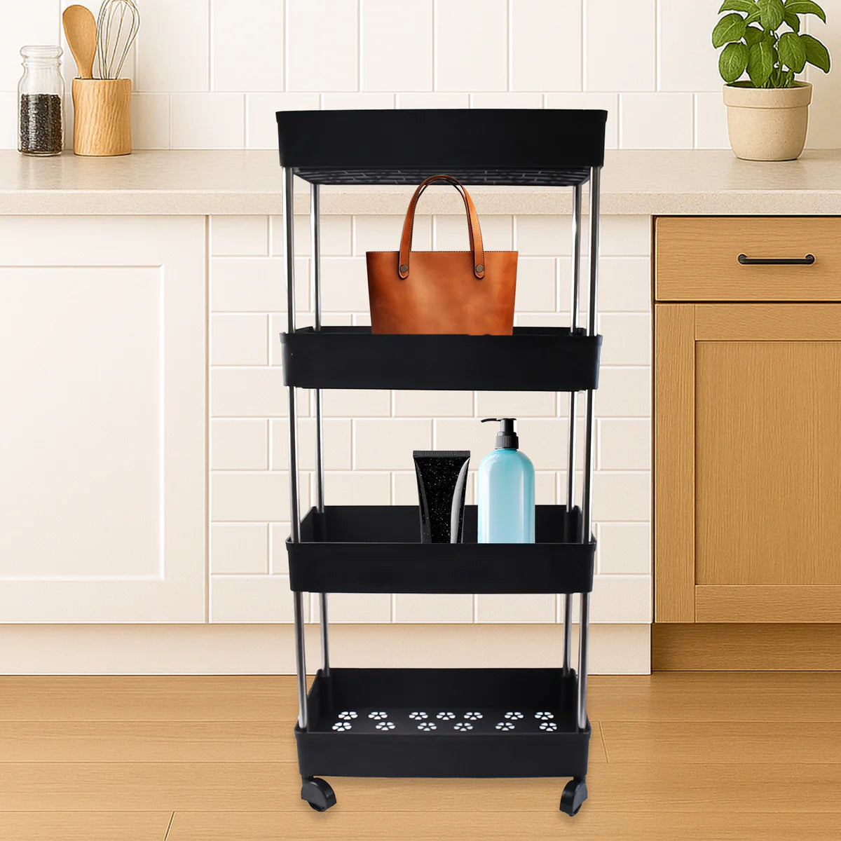 4-Layer Movable Storage Rack Trolley with Wheels – Heavy Duty Plastic Organizer for Kitchen & Bathroom
