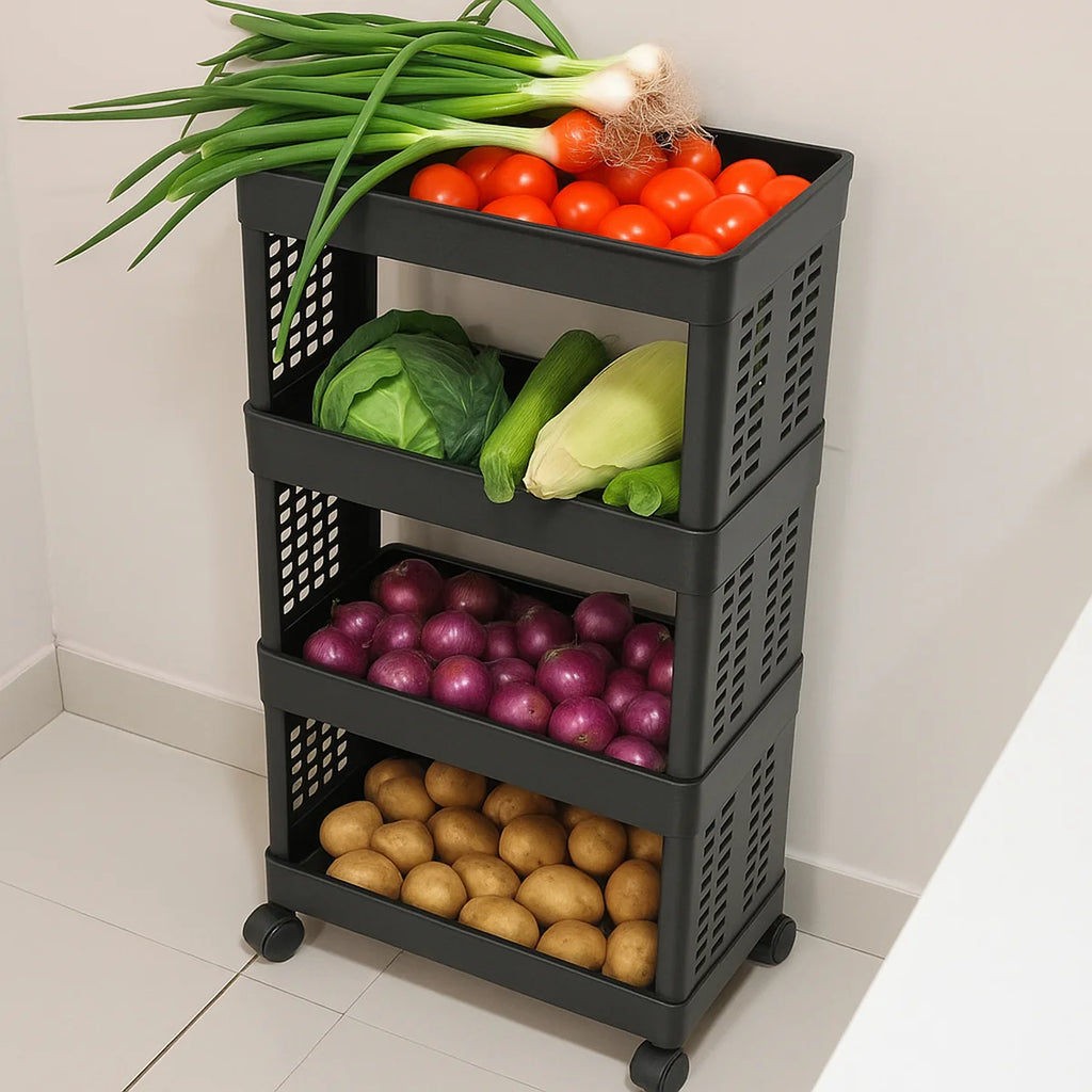4-Layer Plastic Storage Rack with Wheels – Multi-Purpose Movable Utility Organizer Trolley