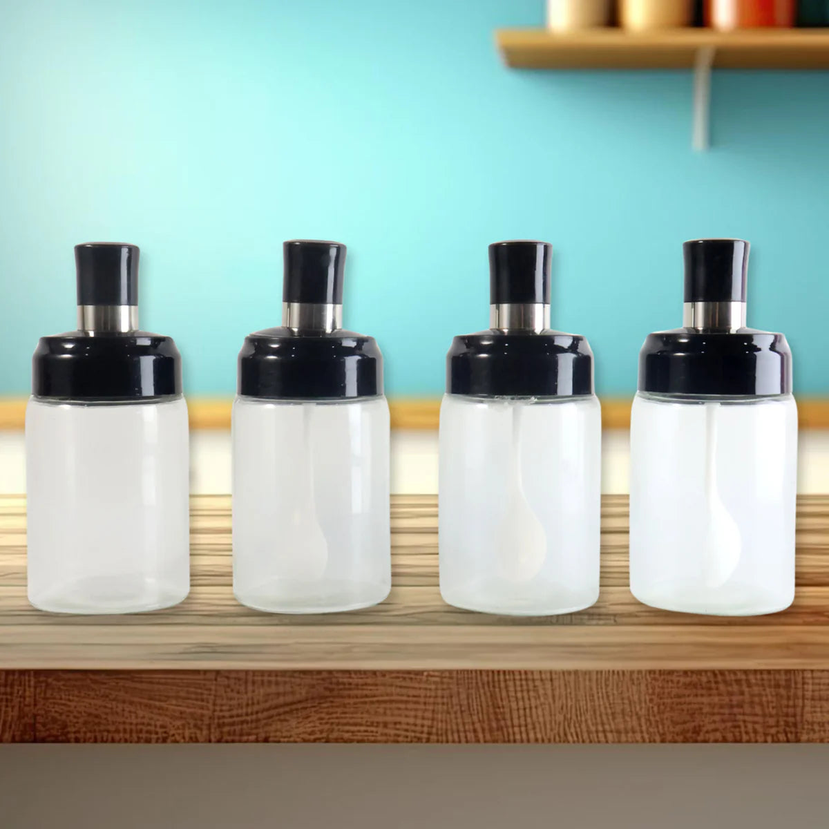 Transparent Spice Jar Set with Spoon & Airtight Lid – 4 Pc Kitchen Storage Containers
