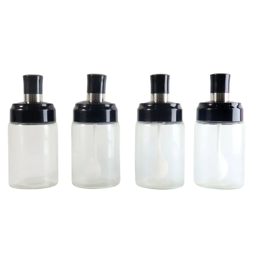 Transparent Spice Jar Set with Spoon & Airtight Lid – 4 Pc Kitchen Storage Containers