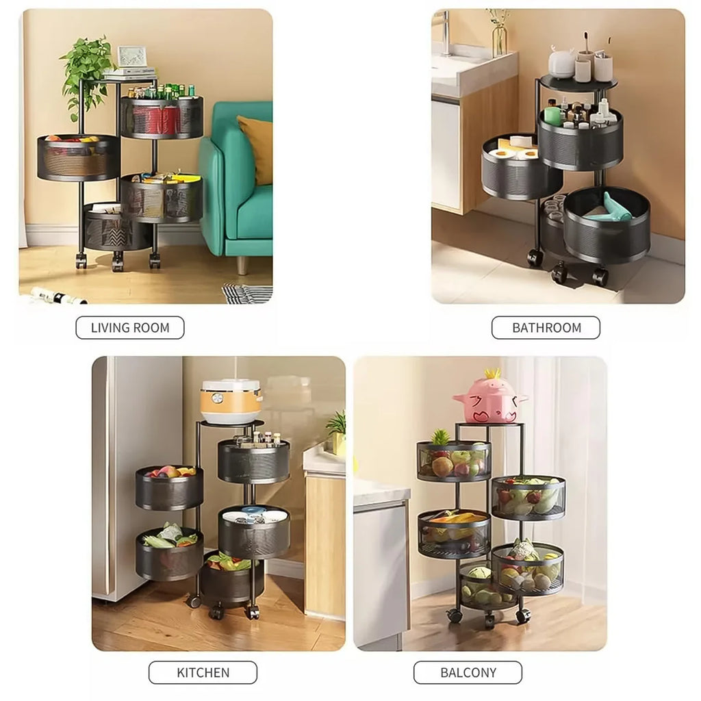 Metal Round Kitchen Trolley with Wheels – 4-Layer Rotating Fruit & Vegetable Storage Rack (1 Pc)