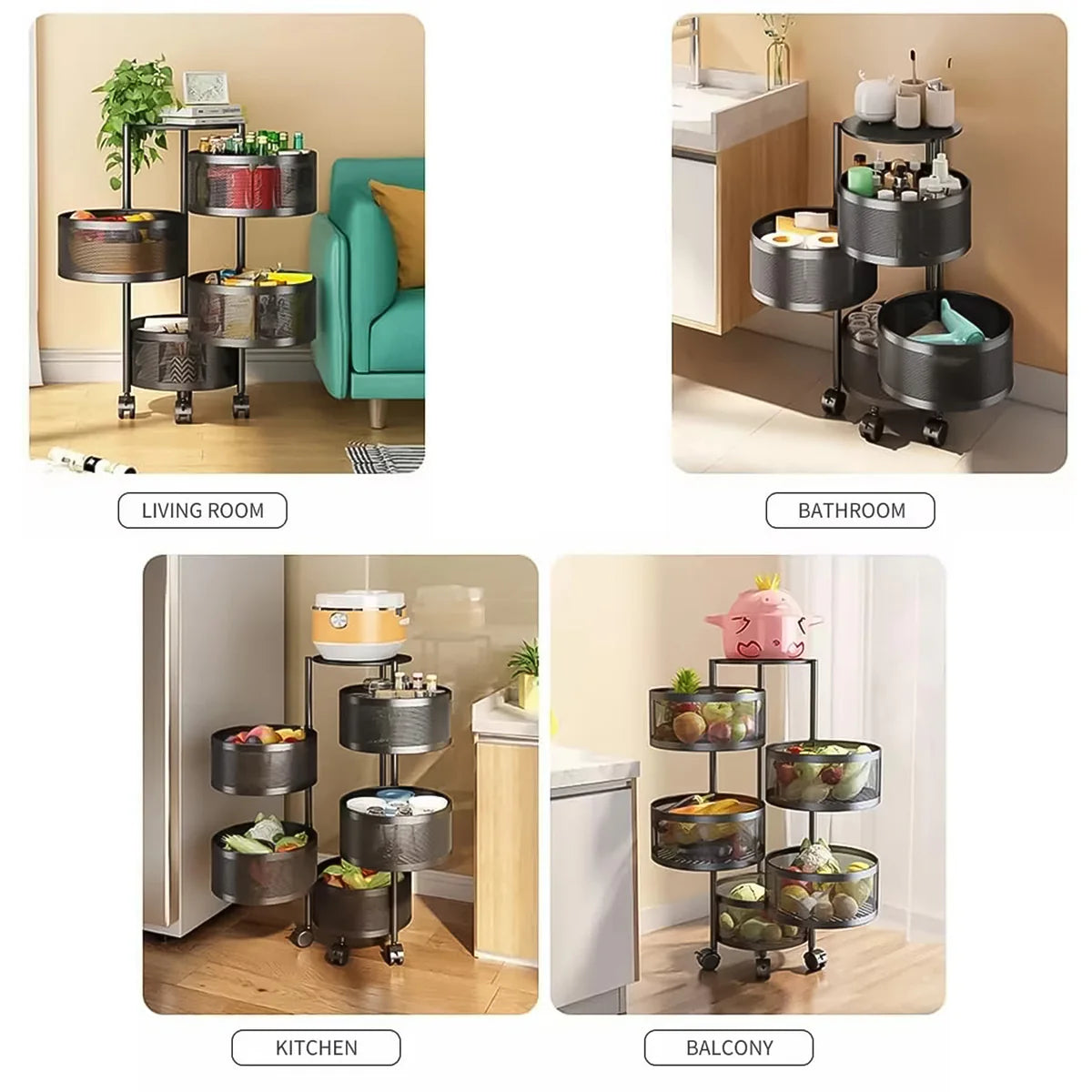 Metal Round Kitchen Trolley with Wheels – 4-Layer Rotating Fruit & Vegetable Storage Rack (1 Pc)