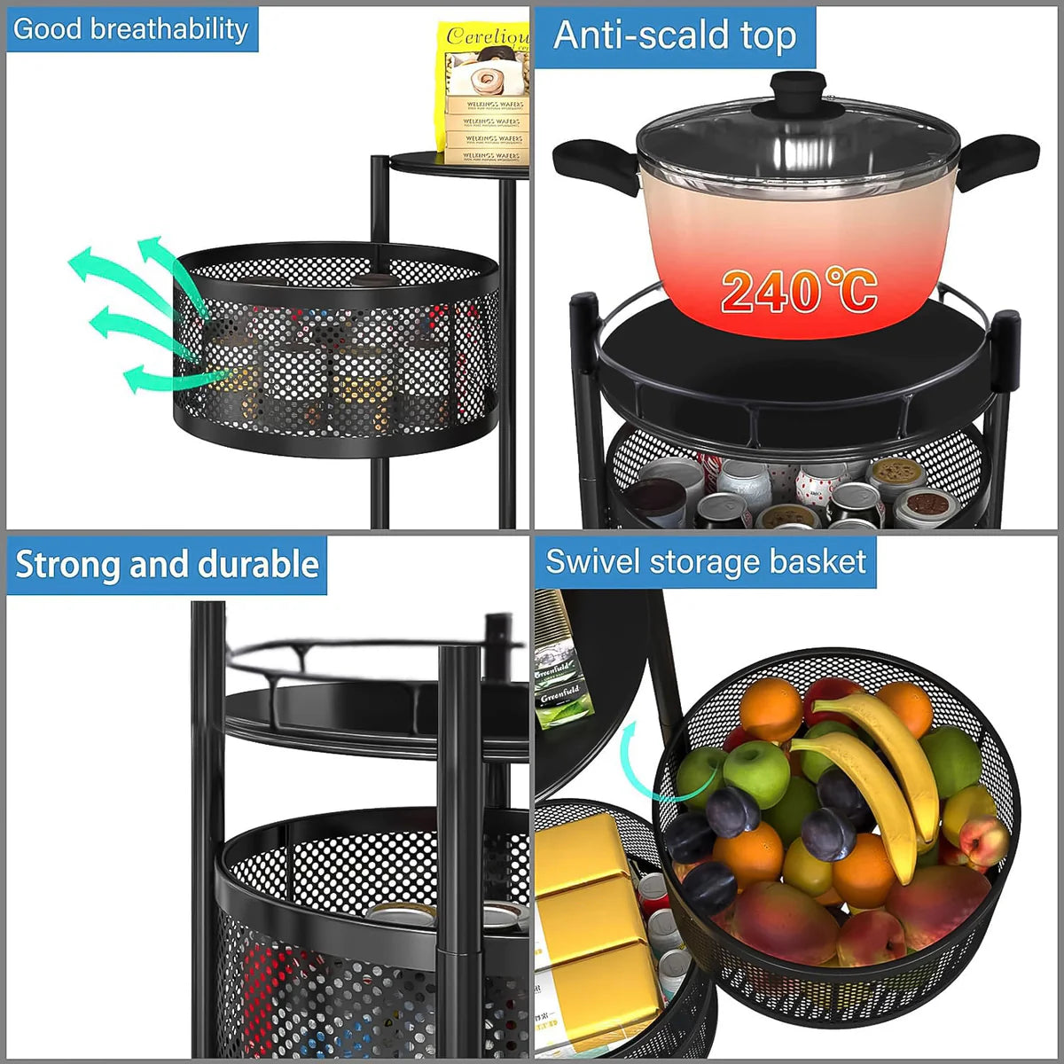 Metal Round Kitchen Trolley with Wheels – 4-Layer Rotating Fruit & Vegetable Storage Rack (1 Pc)